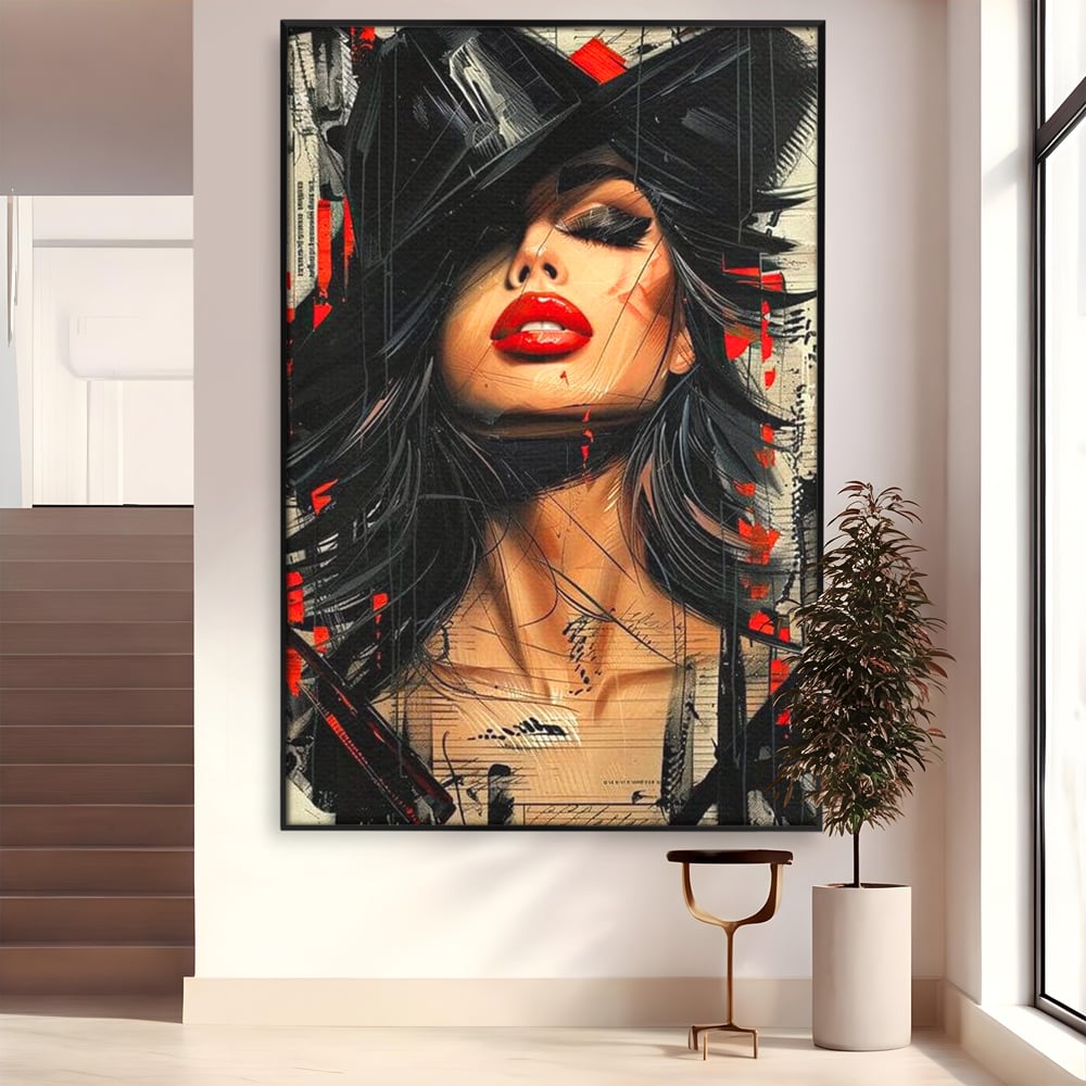 Tablou canvas cu tablou canvas cu portret stilizat de femeie, in rama de aluminiu negru